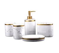 Lejelyma Bathroom Accessory Set Marble Printed Resin Soap Dispenser Toothbrush Holders Cup 5PCS White