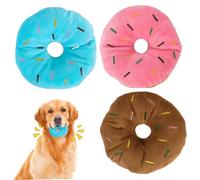 LejeMaek 3Pcs Dog Chew Toys, Cute Stuffed Donut Shaped Squeaky Dog Toys 4-5" Bite Resistant Plush Interactive for Training and Cleaning Teeth Small