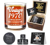 LEJIAJINW 55th Birthday Gifts for Men Whiskey Glass Set Vintage 1970 Birthday 55th Decorations Party Supplies 55 Year Anniversary Bday Gift Ideas for Him Dad Husband Friends - Whiskey Stones & Coaster