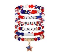 LEJOJOIN Patriotic Beaded Bracelet Set, Red White Blue Stretch Stackable Bracelets, American Flag Star Heart Charm, 4th of July Jewelry for Women, One Size, Acrylic Elastic Alloy, no gemstone