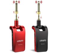 LEKATO 2.4Ghz Stereo Wireless Guitar System with 1/4" & 1/8" Plugs - Rechargeable Musical Instruments Transmitter Receiver for Electric Bass (Red)