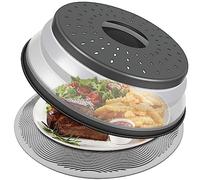 LekDrok 10 Inch Microwave Food Cover & Collapsible Silicone Mat - Splatter Guard, Plate Holder & Kitchen Colander for Meal Prep, Charcoal