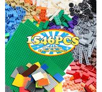 Lekebaby Classic Building Bricks Set, 1546 Pieces Basic Building Blocks with Wheels & 2 PCS of 32 * 32 Base Plates & Small Base Plate Kit 32 Pieces, Building Blocks Box Set for 6 Year Old up Kids