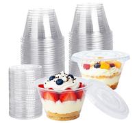 Lekeeu 50Pcs Plastic Dessert Cups with Flat Lids 200ml/7oz Round Dessert Cup with Lids No Hole Reusable Mini Clear Serving Bowl for Cake Mousse Ice Cream Work Birthday Camping Party