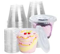 Lekeeu 50Pcs Plastic Dessert Cups with Flat Lids 270ml/10oz Round Dessert Cup with Lids No Hole Reusable Mini Clear Serving Bowl for Pudding Mousse Ice Cream School Party Wedding