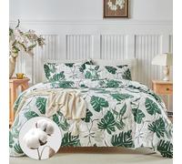 Lekesky 200T Cotton Duvet Cover Sets King Size - Tropical Palm Leaf Print Green Cotton Bedding (1x Quilt Cover, 2x Pillowcases) Green King Size Bedding Sets 230x220 cm, Palm Leaf