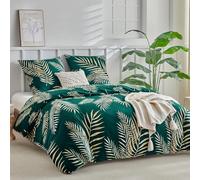 Lekesky Bed Linen 220 x 240 cm, 3-Piece Bed Linen Set 220 x 240 cm, Green Duvet Cover with Golden Tropical Palm Leaf Pattern, Microfibre with Zip, 2 Pillowcases 80 x 80 cm