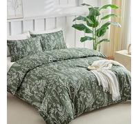 Lekesky Bed Linen, 220 x 240 cm, Bed Linen 3-Piece Duvet Cover, Olive Green Sage Pattern, 220 x 240 cm Microfibre Bed Linen Set with Pillowcase with Zip 80 x 80 cm x 2, Olive Green