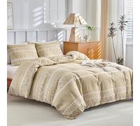 Lekesky Double Duvet Cover Set Khaki Bedding - Geometric Stripe Print Double Duvet Set (1x Quilt Cover, 2x Matching Pillowcases) Soft Microfibre Bedding Set 200x200 cm, Khaki