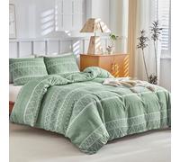 Lekesky Double Duvet Cover Set Sage Green Bedding - Geometric Stripe Print Double Duvet Set (1x Quilt Cover, 2x Matching Pillowcases) Soft Microfibre Bedding Set 200x200 cm, Sage Green
