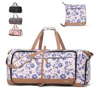 Lekesky Travel Bag Women's Foldable Travel Bag Weekender Sports Bag with Shoe Compartment, Waterproof Hand Luggage Bag/Sports Bag/Hospital Bag, Pink and Blue Floral Print, (80L) EU