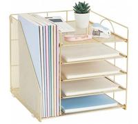 LEKETREE Desk Organizers with File Holder, 5-Tier Paper Organizer Letter Tray with Sliding Drawer and Extra Pen Holder, Mesh Desktop File Organizer for School Office Supplies (Gold)