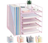LEKETREE Desk Organizers with File Holder, 5-Tier Paper Organizer Letter Tray with Sliding Drawer and Extra Pen Holder, Mesh Desktop File Organizer for School Office Supplies (Pink)