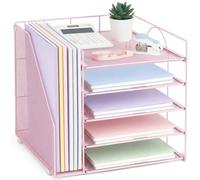 LEKETREE Desk Organizers with File Holder, 5-Tier Paper Organizer Letter Tray with Sliding Drawer and Extra Pen Holder, Mesh Desktop File Organizer for School Office Supplies (Pink)