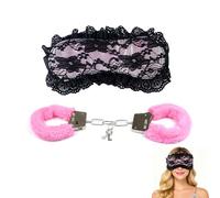LEKUIYIN Pink Metal Handcuffs with Keys Lace Sleep Mask for Cosplay, Soft Plush Prop Hand Cuffs with Keys for Couples, Halloween Dress Ball Party Costume Accessories for Women