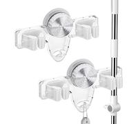 LELE LIFE 2 Pack Broom Holder Mop Hanger - Strong Suction Cup - No Drill Removable Broom Organizer Rack Wall Mount with Hooks for Bathroom Kitchen Garage, Clear