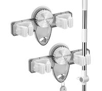 LELE LIFE 2 Pack Broom Holder Mop Hanger - Strong Suction Cup - No Drill Removable Broom Organizer Rack Wall Mount with Hooks for Bathroom Kitchen Garage, Clear Grey