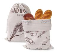 LELE LIFE 2 Pack Linen Bread Bags, with Water Proof Liner, Large 36x51cm, Reusable Drawstring Sourdough Fresh Storage Homemade Bread Bags