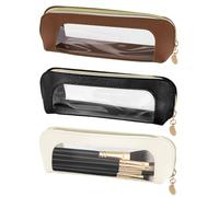 LELE LIFE 3 Pack Small Makeup Bag for Purse, Clear Makeup Organizer with Zipper, Leather Travel Portable Cosmetic Brush Bag, Toiletry Lipstick Case Pouches (Black+White+Brown)