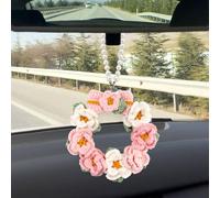 LELE LIFE Crochet Garland Cute Car Accessories, Rear View Mirror Hanging Charm Pearl Crochet Flower, Women Aesthetic Car Decorations Interior Boho Pendant Decor (Pink)