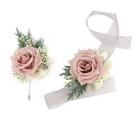 LeLehome 2PCS Rose Flower Wrist Corsage and Boutonniere Set - Elegant Handmade Artificial Floral Wristlet for Wedding Party Prom Women Men Groom Groomsmen Bride Bridesmaid (Pink)