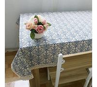 LeLehome Elome Vintage Flowers Lace Tablecloth, 55 Inch X 79 Inch Oblong Bohemian Cotton Linen Dining Kitchen Picnic Indoor Outdoor Table Cloth Cover Baroque Navy Blue Flower Home Decor