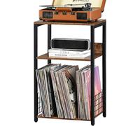 LELELINKY 3-Tier Vinyl Record Stand, Vintage Vinyl Shelf Side Table, Record Player Table with Storage Space for up to 100 Albums, Record Shelf Holder Shelf for Living Room and Office (Brown)