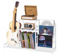 LELELINKY Record Player Stand, White Adjustable Guitar Stand for Acoustics, Bass, Electric Guitar, Vinyl Record Shelf that Can Store up to 150 Albums, Living Room, Bedroom, Living Room