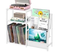 LELELINKY Record Player Table,Turntable Shelf with Vinyl Storage Up to 150 Albums,White Side Table with 3 Tier Magazine Periodical Book Rack,Wide Metal Record Holder Cabinet for Room Office