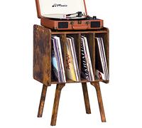 LELELINKY Small Record Player Stand - Width 11.7 in, Brown Vinyl Record Storage Table with 4 Cabinet Up to 80 Albums, Vinyl Holder with Wood Legs,Turntable Stand Display Shelf for Bedroom Living Room