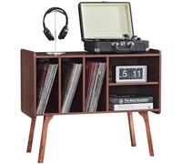 LELELINKY Walnut Record Player Stand with 4 Cabinet Holds Up to 220 Albums, Large Turntable Stand with Wood Legs, Mid-Century Record Player Table,Vinyl Holder Storage for Living Room,Bedroom