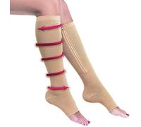 Lelesta 2 Pairs Compression Socks Men/Women Open Toe Leg Support Stocking Knee High Socks with Zipper 15-20 mm Hg (S/M, 2pairs Beige)