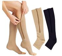 Lelesta 2 Pairs Compression Socks Men/Women Open Toe Leg Support Stocking Knee High Socks with Zipper 15-20 mm Hg (XXL, Beige & Black)