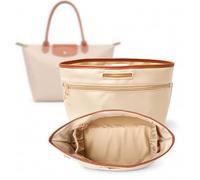 lelewangluo Purse Organizer Insert, Lightweight Waterproof Tote Bag Insert with Zipper Pocket and Cup Holder, Multi-Pocket Satin Handbag Liner for Longchamp,Beige-M