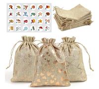 Lelezia 15x20CM 24pcs Christmas Hessian Gift Bags, Fill Your Own Advent Calendar Bags Small Drawstring Jute Bag Reusable Christmas Sacks for DIY Christmas Decorations with Stickers 1-24, Gold,6x8inch