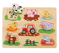Lelin Wooden Farm Animals Peg Puzzles Toy Montessori Jigsaw Puzzle Board Colourful Images for Learning Animals for Toddlers Kids Children 12 Months +
