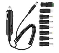 Leloco 12 V Power Supply Car Charger 2 A with 8 DC Adapter for Car | 12 V adapter charging cable cigarette lighter, 55-150 cm spiral cable, 3 A fuse, 8 DC plug for DVD player and LED light strip
