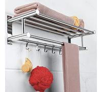 LELUXE Bathroom Towel Rack Shelves - SUS304 Stainless Steel with Double Towel Bar & 5 Hooks, Bathroom Organizer, Shelf Holder for Bedroom Kitchen Hotel. Bathroom storage for Towels, Robes, Accessories