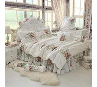 LELVA Chic Shabby Vintage Rose Floral White Duvet Cover Set Bed Skirt Set Ruffle Cotton Bedding for Girls Full 4 Piece