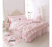 LELVA Romantic Rose Floral Print Duvet Cover Set with Bed Skirt Pink Lace Ruffle Shabby Chic Bedding Set King Size 4 Pieces