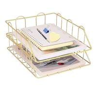 LELYFIT 2 Tier A4 Metal in Trays, Stackable Office Desk Tidy File Holder, Magazine Storage Paper Organiser (Gold)
