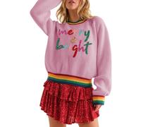 LEMAFER Women 2023 Merry Christmas Round Neck Sequin Letters Sweater Casual Solid Slogan Long Sleeve Pullover Sweatshirt Tops, Bonbon, XL