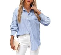 LEMAFER Womens 2025 Smocked Cuffed Striped Boyfriend Shirt Flap Pocket Cotton-Blend Casual Button Down Collared Blouse, Dark Blue Stripe, L