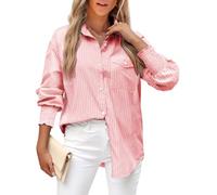 LEMAFER Womens 2025 Smocked Cuffed Striped Boyfriend Shirt Flap Pocket Cotton-Blend Casual Button Down Collared Blouse, Red Stripe, M