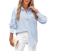 LEMAFER Womens 2025 Smocked Cuffed Striped Boyfriend Shirt Flap Pocket Cotton-Blend Casual Button Down Collared Blouse, Blue Stripe, XL