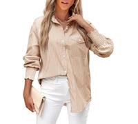 LEMAFER Womens 2025 Smocked Cuffed Striped Boyfriend Shirt Flap Pocket Cotton-Blend Casual Button Down Collared Blouse, Khaki Stripe, L