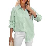 LEMAFER Women's Smocked Cuffed Stripe Boyfriend Button Down Shirts 2025 Collared Ruffle Sleeve Casual Top with Pockets, Green Stripe, L