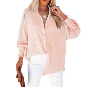 LEMAFER Womens Smocked Cuffed Striped Boyfriend Shirt Casual Collar Long Sleeve Oversized Button Down Blouse Tops with Pocket Shirred, Nude, XL