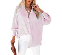 LEMAFER Womens Smocked Cuffed Striped Boyfriend Shirt Casual Collar Long Sleeve Oversized Button Down Blouse Tops with Pocket Shirred, Pink, 3XL