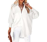 LEMAFER Womens Smocked Cuffed Striped Boyfriend Shirt Casual Collar Long Sleeve Oversized Button Down Blouse Tops with Pocket Shirred, Solid White, 3XL